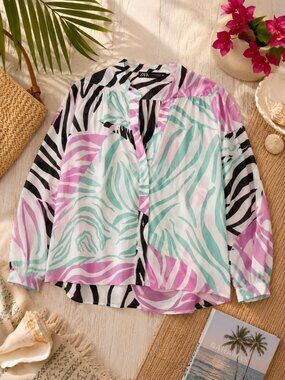 Zara Tropical Print Sheer Blouse | Mint Green Pink & Black | Size M